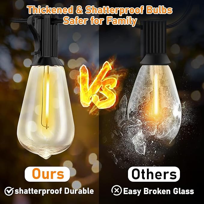 50Ft Outdoor String Lights, ST38 LED Outdoor Patio Lights Waterproof with 27 Edison Bulb (2 Spare), Dimmable Outside Hanging Backyard Lights for Porch Balcony Deck Garden Party Xmas Decor