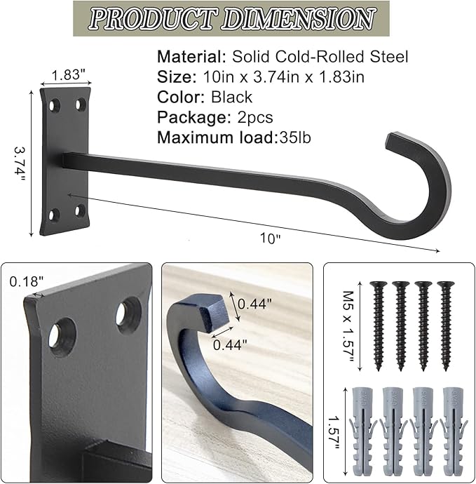 10inch Heavy Duty Plant Hangers Outdoor or Indoor Bird Feeder Hanger Shepherd Hooks 2pcs Black Metal Wall Hook for Hanging Plant Bracket, Lantern, Flower Basket, Wind Chimes