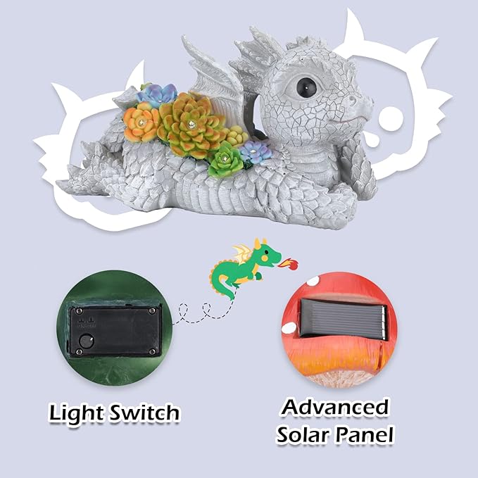 Garden Dragon Statue Outdoor Decor, Dragon Garden Sculpture Waterproof Solar LED Lights Resin Succulent Decorations for Outside Lawn Patio Patio Yard Ornament Gifts
