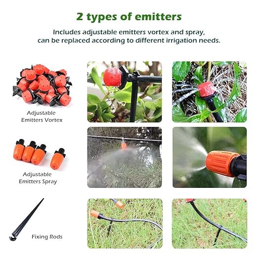 Adjustable Drip Irrigation System for Garden,Lawn Patio, Raised Beds - Automatic Irrigation Kits and Drip Emitters with 1/2" and 1/4" Irrigation Tubing (49FT + 49FT)