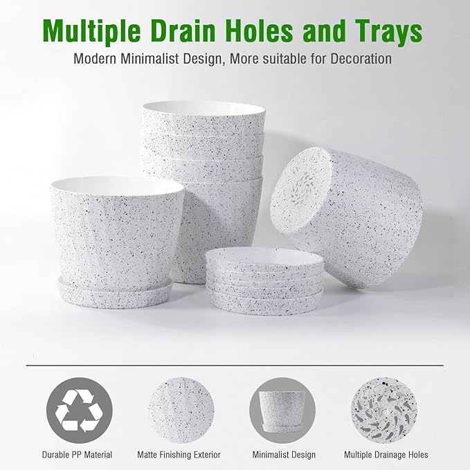 6 Inch Plant Pots Bulk, 6 Pack Plastic Planters with Drainage Holes and Saucers for Indoor Outdoor House Plants and Flowers,White Spots