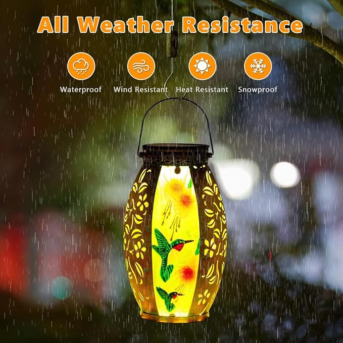 Hummingbird Solar Lanterns Outdoor Waterproof,Stained Glass & Metal Solar Lantern,Hanging Solar Lantern with Hollowed-Out Design,Hummingbird Tabletop Lamp Solar Lights for Yard Garden Patio