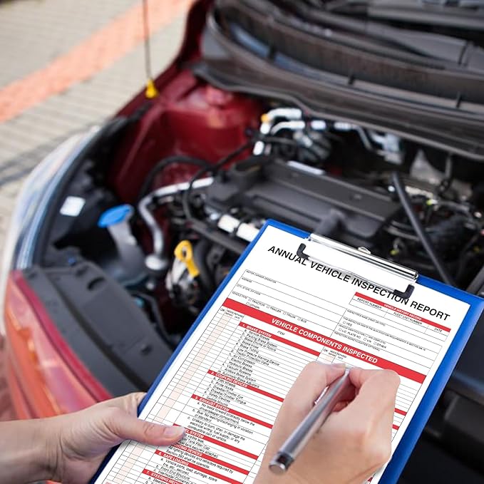 Annual Vehicle Inspection Report Form with Red Exterior Aluminum Inspection Label (6"x3.5"), and White Interior Inspection Label (5"x4") 25-pk
