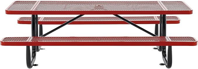 Global Industrial 8’L Rectangular Picnic Table, Expanded Metal, Red Thermoplastic Coating, Attached Benches, 1-1/2” Umbrella Pole Hole, Outdoor-Rated, 1000 lb Capacity, 96” x 30” Tabletop
