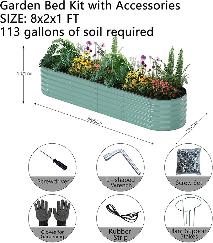 Galvanized Metal Planter Raised Garden Bed Kit for Gardening Outdoor，8x2x1ft Planter Grow Garden Box Raised Flower Bed，Long Vegetable Clearance Herb Raised Garden Beds for Gardening