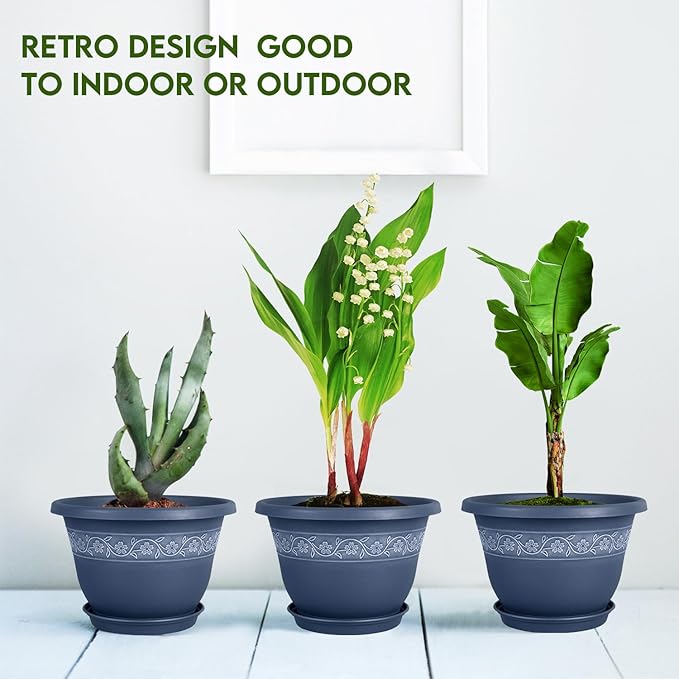 8 Inch Plant Pots with Drainage Hole - Lightweight Flower Pots for Herbs and Flowers - Home Decor Plastic Planters for Indoor Outdoor Plants- Pack of 6 (Blue, 8 inch)