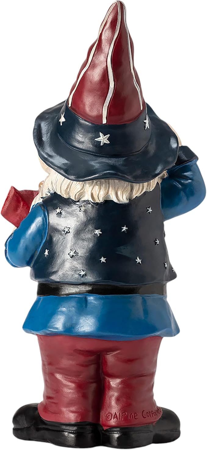 Alpine Corporation 12" Tall Outdoor Patriotic Garden Gnome Saluting Yard Statue Decoration