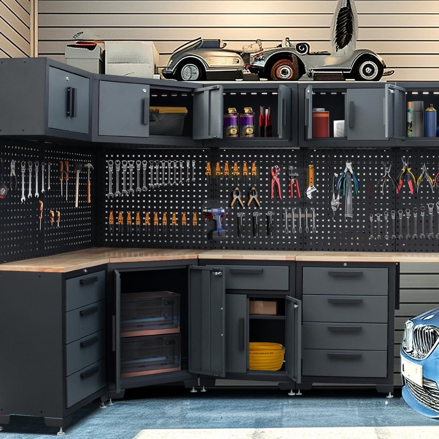 15-Piece Corner Garage Storage Cabinet System - Heavy Duty Workshop Set w/Corner Cabinet Includes Workbench, Pegboard & Lockable Drawers | Metal Tool Organization System for Garage/Workshop