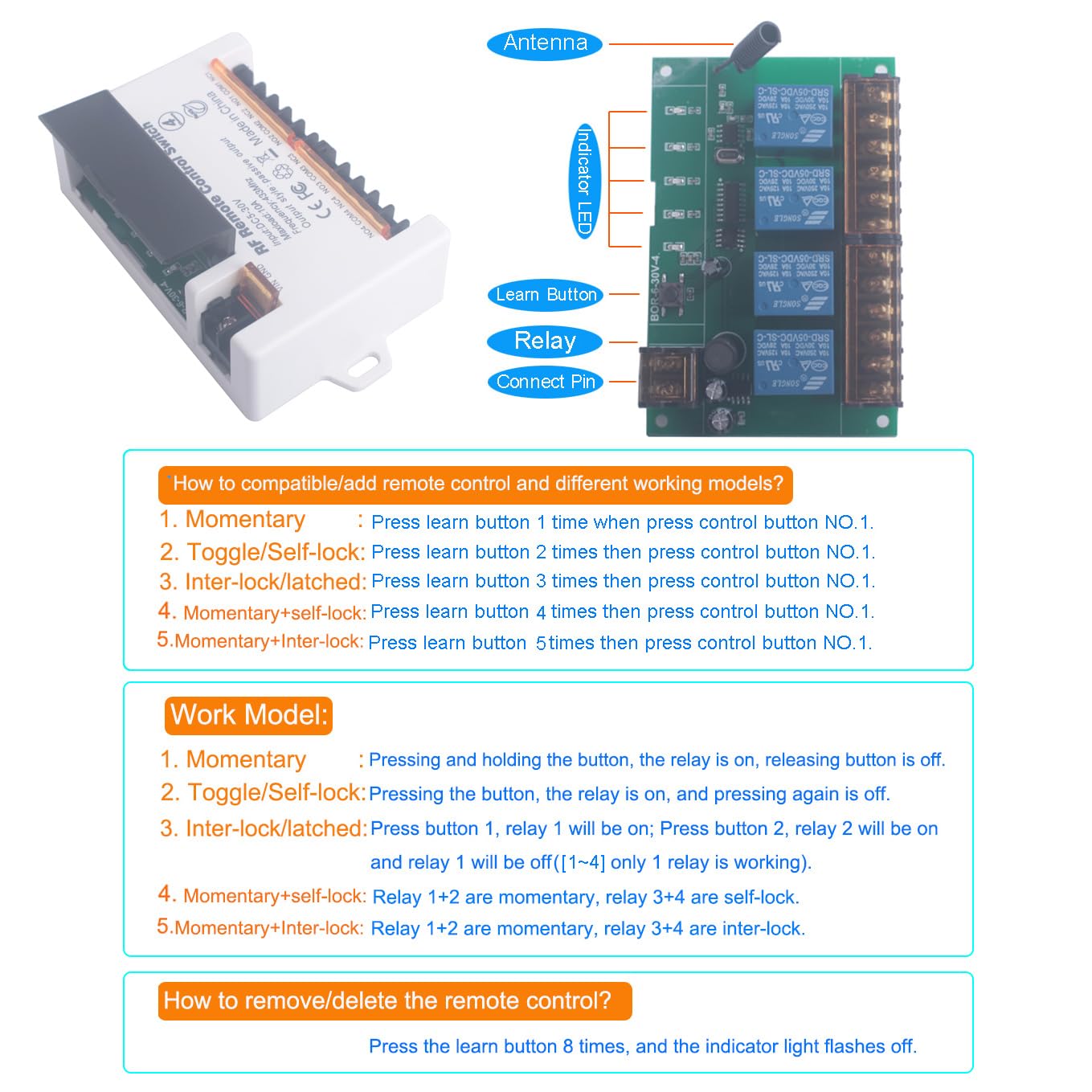 12V 24V 2 Channels Wireless Relay Remote Control Switch, RF 433Mhz DC 5V-30V Garage Door Opener Wireless Switch with Receiver 2 Transmitters, Easy to Terminal Wiring (4CH 1* Controller 433Mhz)