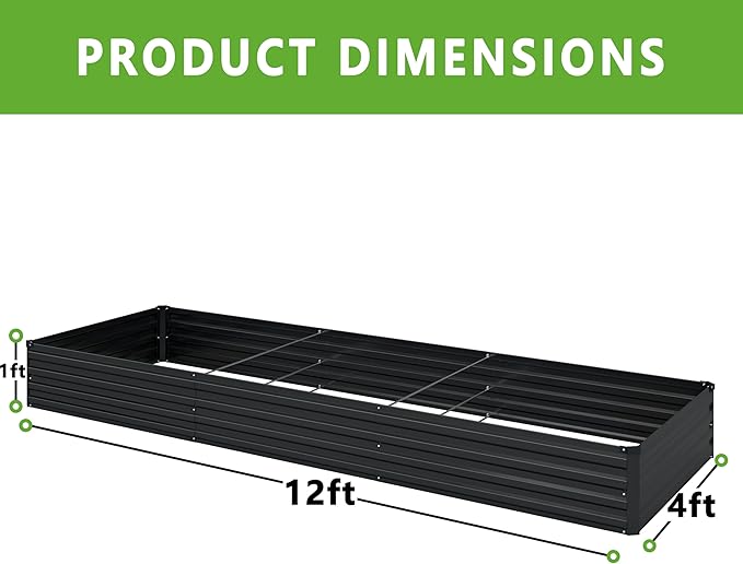 12x4x1FT Galvanized Raised Garden Bed Kit,Vegetable Boxes-Rectangle Metal Flower Box,Large Planter Raised Beds Outdoor Garden for Planting,Fruit,Herb-Black