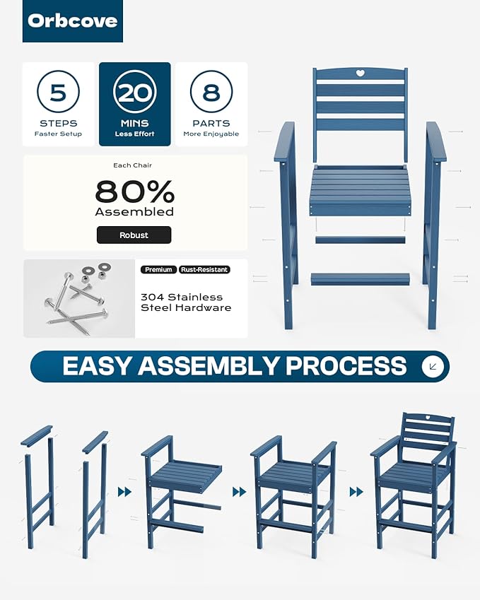 3-Piece Bar Height Patio Table and Chairs Set, HDPE Wood Grain Outdoor Bar Table and Chairs with Heart Cutout Design, Weather-Resistant Bar Height Furniture for Deck, Porch, Pool (Navy Blue)