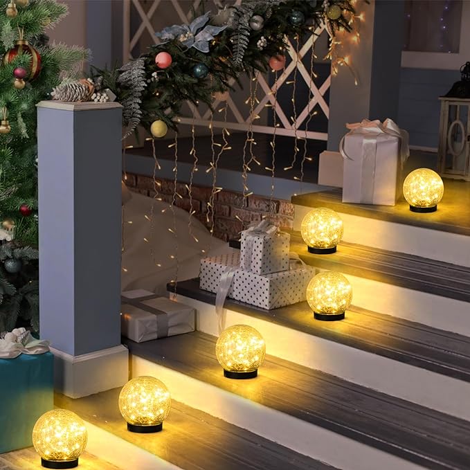 2-Pack Garden Solar Lights Outdoor, Cracked Glass Ball Light Waterproof, Decorative Solar Globe Lights Warm White for Yard Pathway Patio Lawn