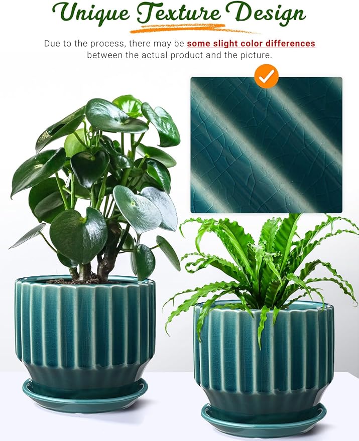 AISBUGUR Plant Pots 6 inch Ceramic Pots for Indoor Plants Set of 2 Flower Pots Unique Crackle Glaze Design Plant Pots with Drainage Hole and Saucer Come with Drainage Nets (Aqua Green)