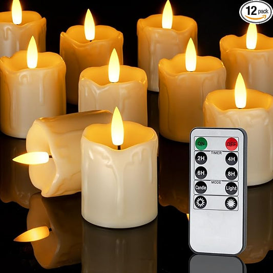 Homemory 12Pack 2" x 2" Timer Remote Control Flameless Votive Candles, Realistic Battery Operated Candles, 3D Wick Electric Fake Candles for Christmas, Wedding, Home Decorations