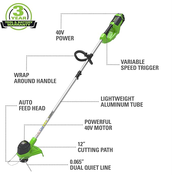 Greenworks 40V 12" Cordless String Trimmer, 2.0Ah Battery and Charger Included