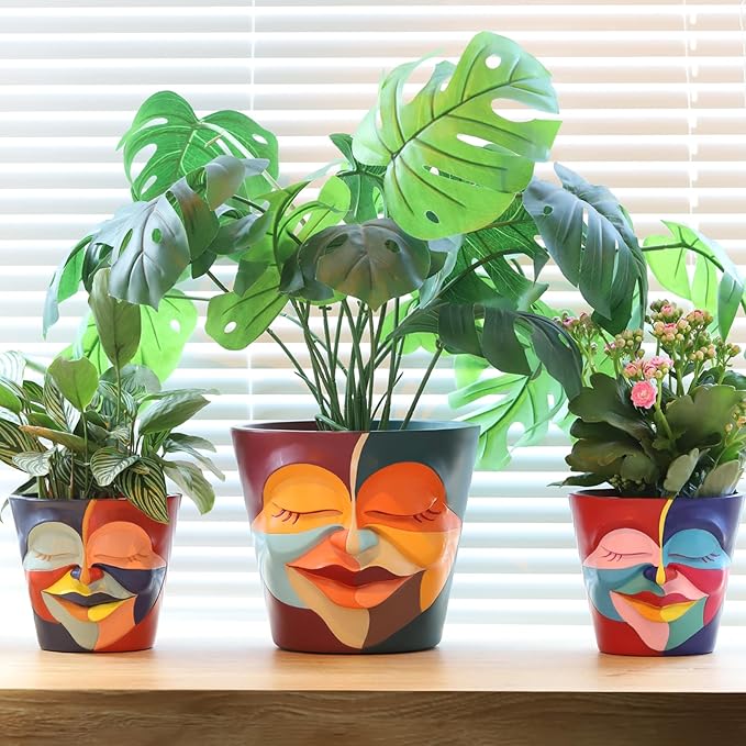 GUGUGO 8 Inch Abstract Rainbow Head Planter, Unique Face Plant Pot with Drainage, Cute Eclectic Flower Planters Pots for Indoor & Outdoor Plants, Colorful Funny Room Decor