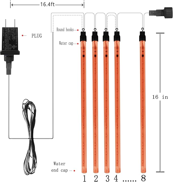 Halloween Decorations Outside, 16 Inch 256 LED Meteor Shower Orange Halloween Lights Outdoor for Yard Tree Windows Eaves, Falling Rain Lights for Christmas Halloween Thanksgiving Fall Decor, UL Plug