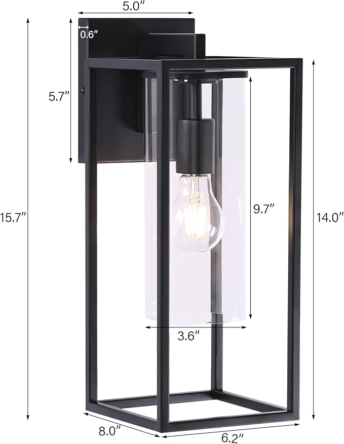 15.7 Inch Outdoor Wall Lights, Black Outdoor Wall Lantern with Square Clear Glass Shade, Waterproof Exterior Lighting Fixtures, Modern Front Porch Lighting for House, Garage, E26 Base, ETL Listed
