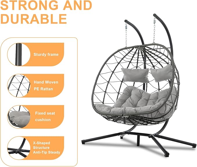 2 Person Double Egg Swing Chair with Stand Indoor Outdoor, Hammock Egg Chair Outdoor, Patio Wicker Hanging Egg Chair w/Cushion 700LBS Capacity for Bedroom, Balcony, Garden, Grey