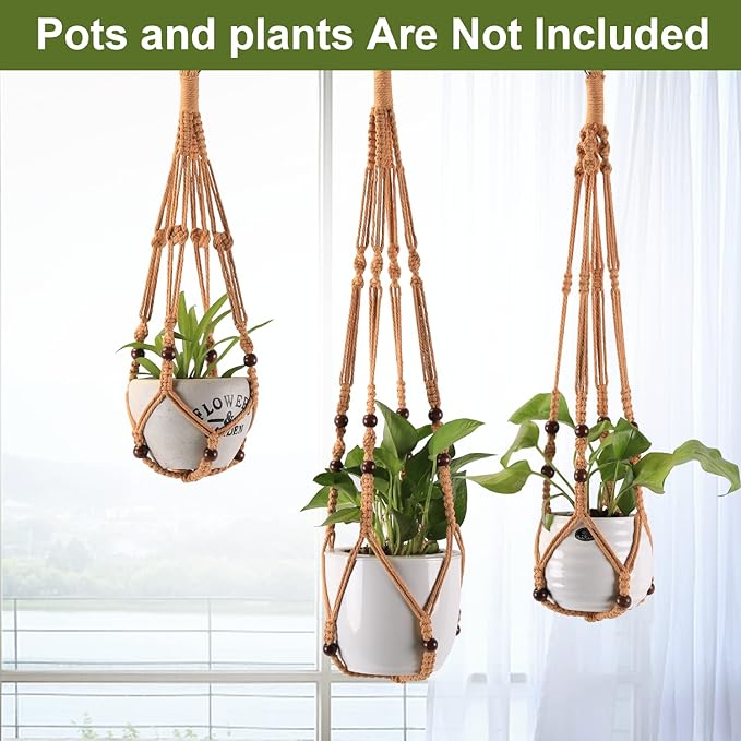 3-Pack Macrame Plant Hanger Indoor - Hanging Planter Basket for Indoor Outdoor - Decorative Boho Plant Holders Set with Beads - Ceiling Flower Pot Holder with 6 Hooks - 35"/30"/24" Brown