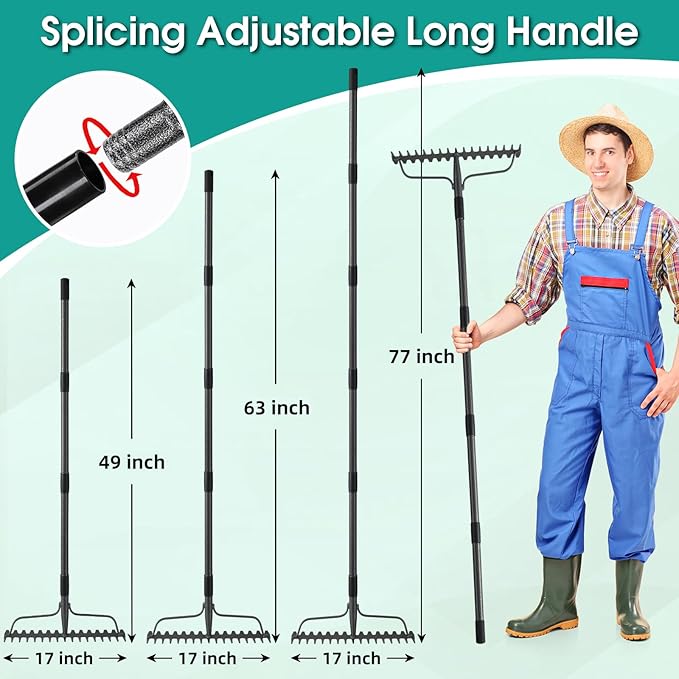 Garden Rake:63 Inch Metal Garden Leaf Rake with 17 Tines, Heavy Duty Bow Rakes for Lawn Yard Leaves Debris Mulch Gravel Thatch Clean,Lawn Care Gardening Landscaping