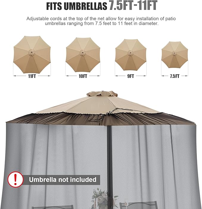 9-11 FT Umbrella Net for Outdoor Umbrella, Universal Hanging Mosquito Net for Patio,Polyester Mesh Umbrella Screen for Patio Tables with Zipper (Black)