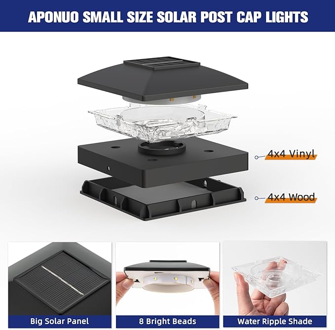 APONUO Solar Post Cap Lights for 4x4 Wood & Vinyl Posts, IP44 Waterproof Cool White LED 4x4 Post Solar Lights, Outdoor Garden Patio Yard Decor, 6 Pack (Black)