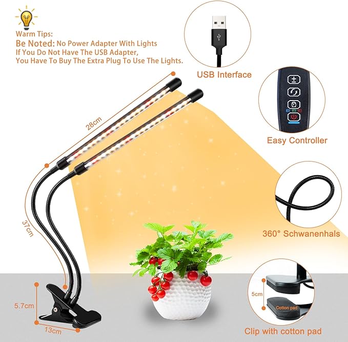 Grow Lights for Indoor Plants, Full Spectrum LED Plant Lamps with Clips and 3m Cables for Seeding Growing(2 Pack)