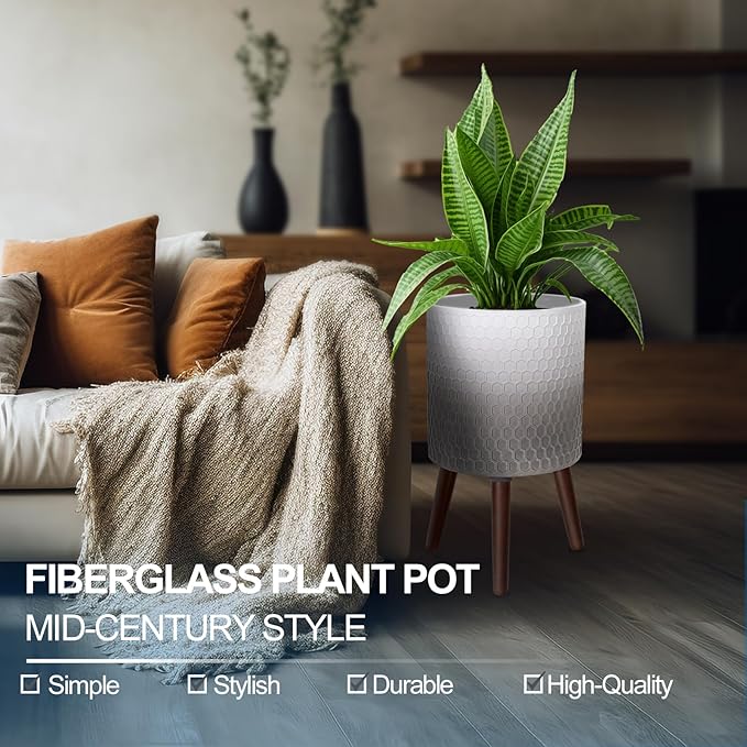 12 Inches Indoor Plant Pot with Walnut Color Stand Honeycomb Embossed Flower Pot with Drainage Holes Large Modern Planters for Indoor Plants-Gradient White Gray