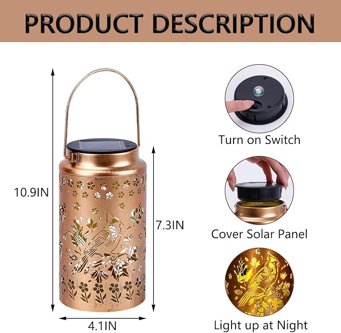 2 Pack Cardinal Solar Lanterns Outdoor Waterproof, Metal Hanging Lights Decorations for Garden Yard Lawn Patio, Cardinal Gifts for Women Mom Grandma Gardener for Mother'Day Christmas