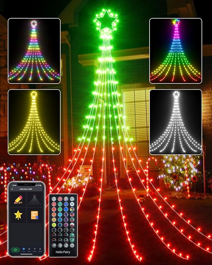 23FT Smart Waterfall Christmas Tree Lights Outdoor Decorations, App Control Color Changing Yard Lights Music Sync Chasing Effect Waterproof Outside 355 LED Star String Lights
