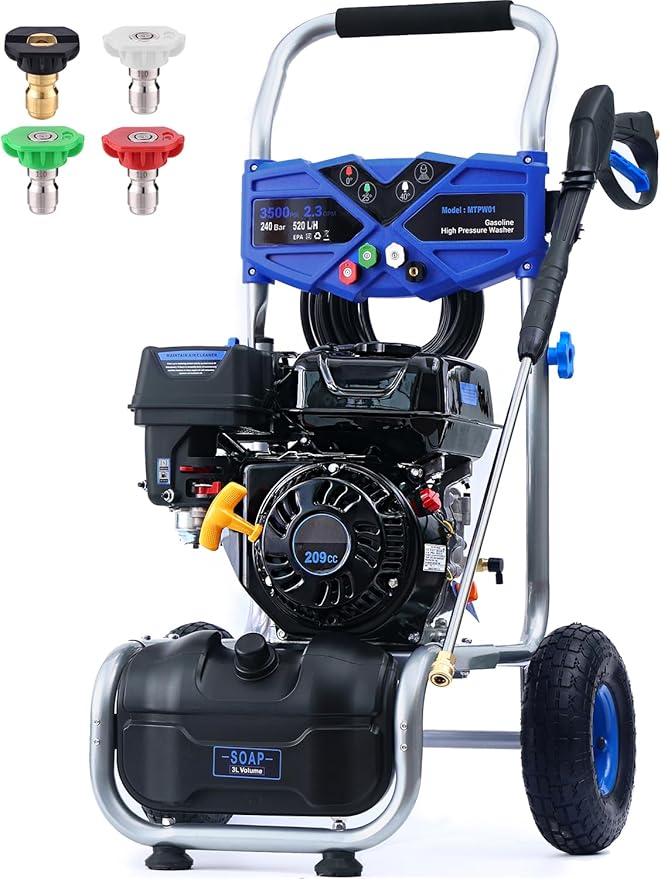 3500 PSI Gas Pressure Washer, 2.3 GPM Power Washer with 209CC Engine, Maintenance-Free Axial Cam Pump, 25FT Hose, 4 Nozzles for Driveways, Walls, Vehicles, Patio (Blue)