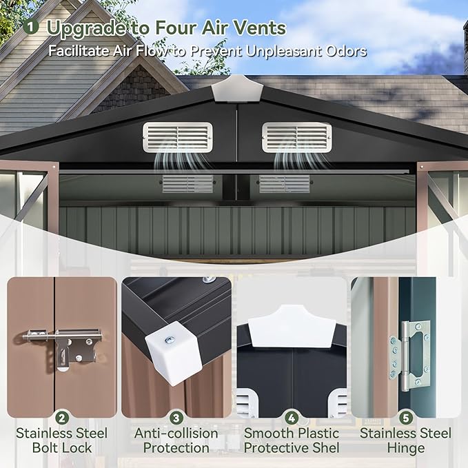 Aoxun 6.2x4 FT Shed Outdoor Storage Shed with Lockable Doors & Slooping Roof Metal Garden Tool Shed for Backyard, Patio, Poolside (Brown)