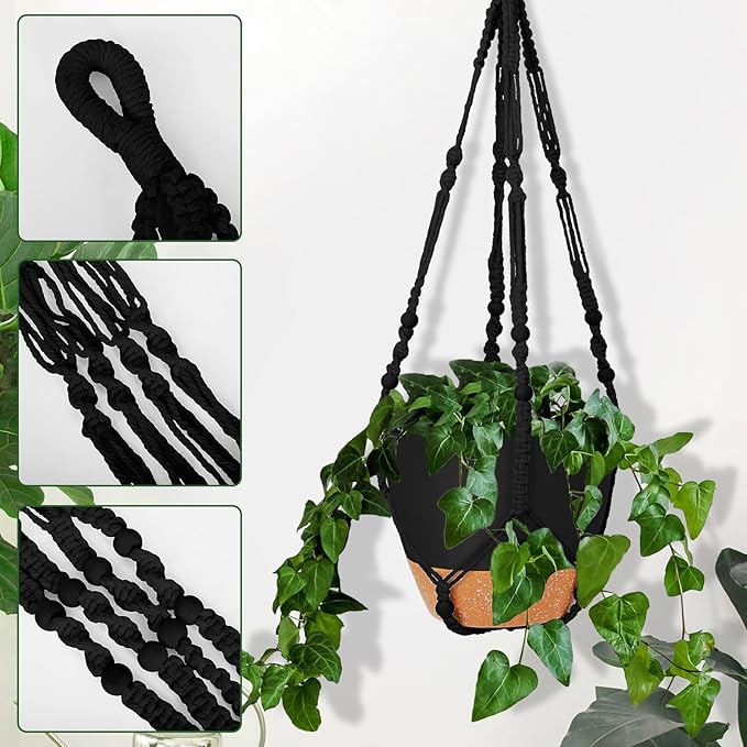 GARDIFE 10 Inch Hanging Planters with Macrame Plant Hanger for Indoor and Outdoor Plants, 2 Pack Large Self Watering Hanging Plant Pot with Basket Flower Pot with Drainage Hole, Black