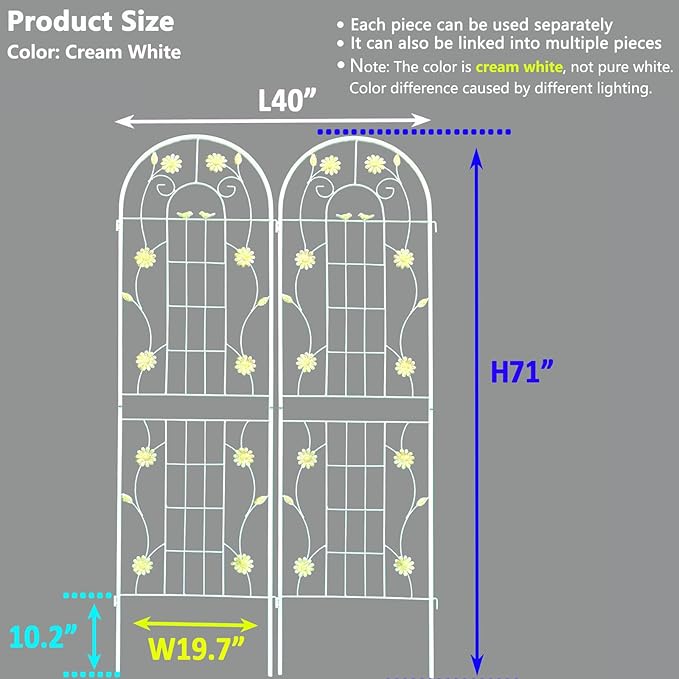 2 Pack Metal Garden Trellis for Climbing Plants 71" H Cream White Garden Fence Rustproof Trellis Support Roses Flower Outdoor Lawn, Cream White