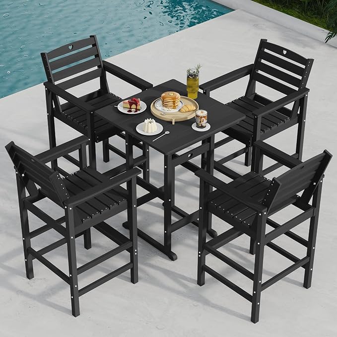 5-Piece Bar Height Outdoor Table and Chairs Set, HDPE Wood Grain Patio Bar Table and Chairs with Heart Cutout Design, Weather-Resistant Bar Height Furniture for Deck, Porch, Pool (Black)