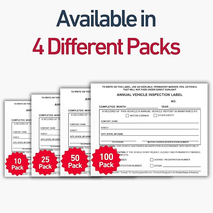 50 Pack Buck Annual Vehicle Inspection Label, 2-Ply Adhesive Vinyl with Mylar Laminate, FMCSA & DOT Compliant, Weatherproof, Tear Resistant, Easy to Write On, 5" x 4" - Made in USA
