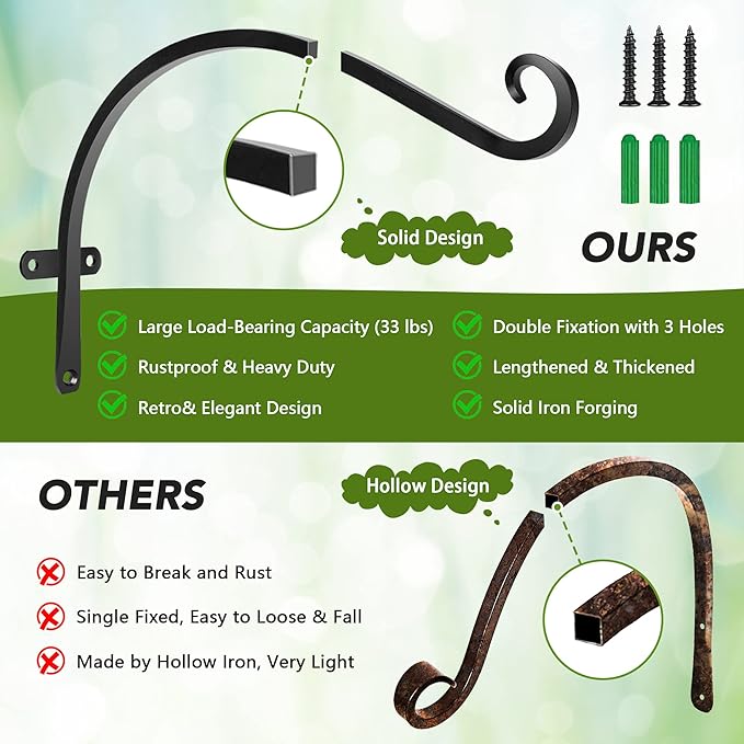 HOOPLE Plant Hangers Outdoor Heavy Duty 4 Pack, Cast Iron Bird Feeder Hanger, Metal Black Plant Brackets Hook for Hanging Flower Baskets, Elegant Design, Large Bearing Capacity