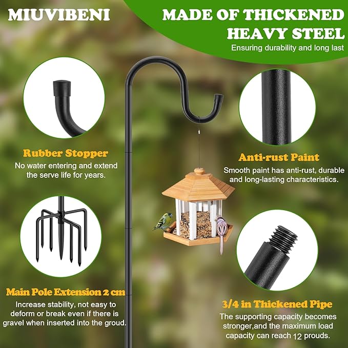 96" Shepherds Hooks for Outdoor with 7 Prongs Base, Heavy Duty Bird Feeder Pole for Hanging Lantern, Hummingbird Feeder, Shepherds Hook for Bird Feeders Outside,1 Pack