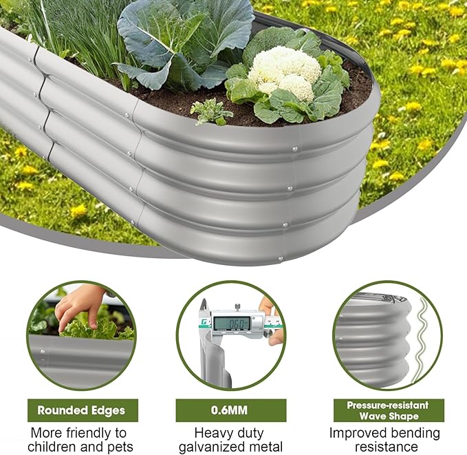 8x2x1ft Oval Galvanized Raised Garden Bed Outdoor 9-in-1 Large Metal Modular Planter Box Raised Beds for Gardening,Vegetables,Fruits,Flowers & Herbs (Silver)