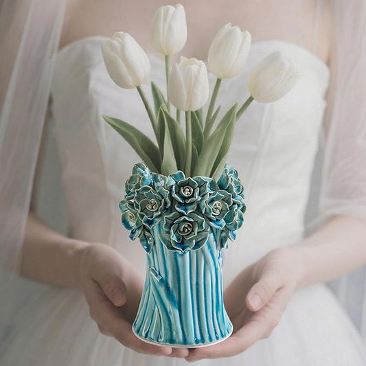 Handmade Blue Ceramic Vase with 3D Flowers, Blue Bud Wedding Bouquets Vases for Centerpieces, Vintage Floral Vase for Home Cottage Core Decor, Decorative Vases for Living Room, Housewarming Gift 6.6In