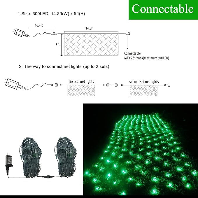 Green Net Outdoor Mesh Lights for St Patrick's Day, 14.8ft x 5ft 300 LED String Lights, 8 Modes Connectable Fairy Mesh for Christmas, Bushes, Tree, Party, Garden Decor