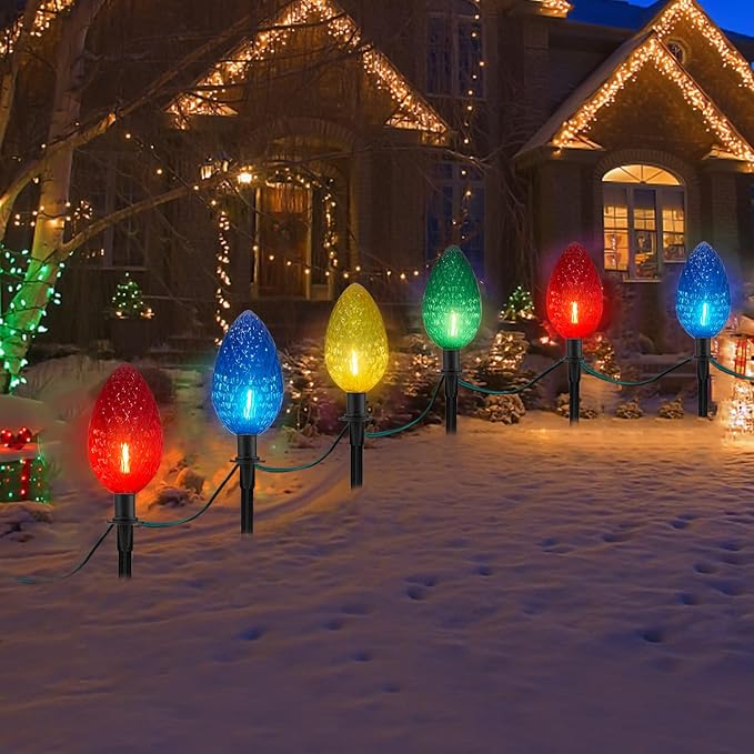 2 Pack Jumbo C9 Christmas Pathway String Lights Outdoor, Total 14 Feet Christmas Walkway Lights Waterproof with 8 LED C9 Jumbo Multicolor Bulbs UL Listed for Holiday Outside Yard Garden Lawn Decor