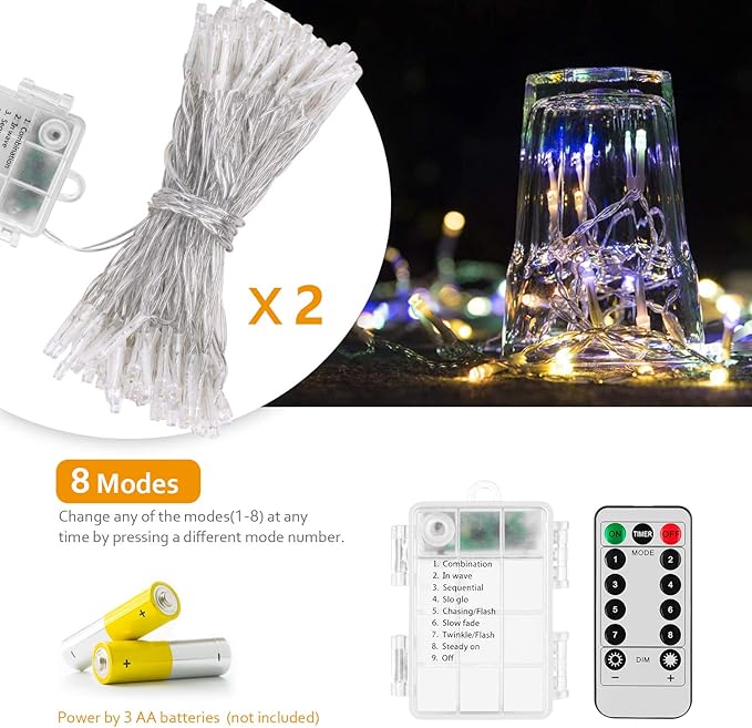 2 Pack 36ft 100 LED Battery Operated String Lights with Remote Timer Waterproof 8 Modes String Lights for Bedroom, Garden, Easter, Party, Christmas Indoor and Outdoor Decorations -Multicolor