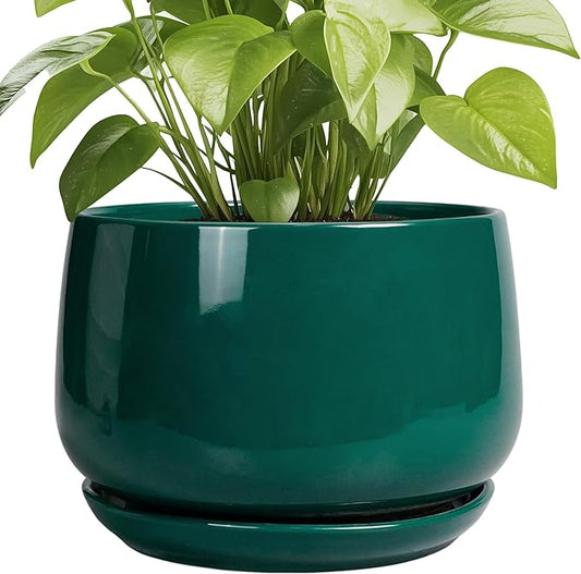 G EPGardening Ceramic Pots for Plants - 9 Inch Ceramic Planter for Indoor Plants, Round Planter with Drainage and Saucer, Modern Flower Pots for Outdoor, House Decor, Garden Gifts, Green