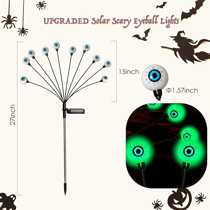 Halloween Decorations, 4 Pack 40LED Solar Halloween Lights Outdoor Scary Eyeball Waterproof Halloween Solar Garden Lights Swaying Firefly Lights for Yard Garden Patio Party Decor Green