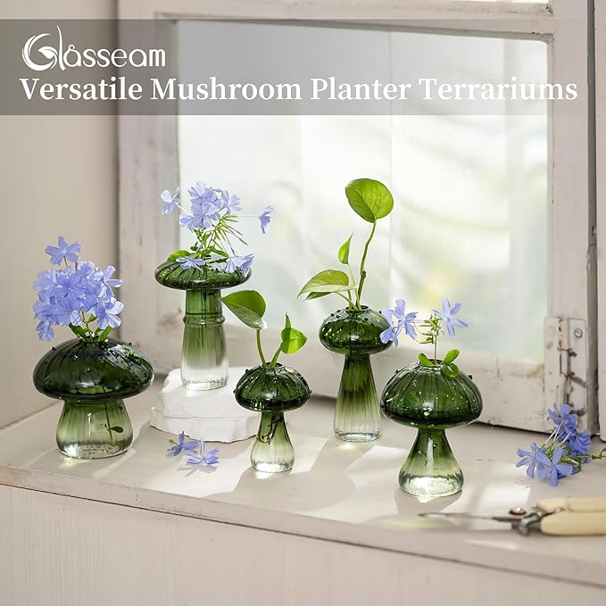 Glasseam Mushroom Plant Propagation Stations: Green Glass Terrarium Jar Set of 10 Cute Planters for Indoor Plants Mini Propagate Station Unique Christmas Birthday Gifts for Women Home Office Decor