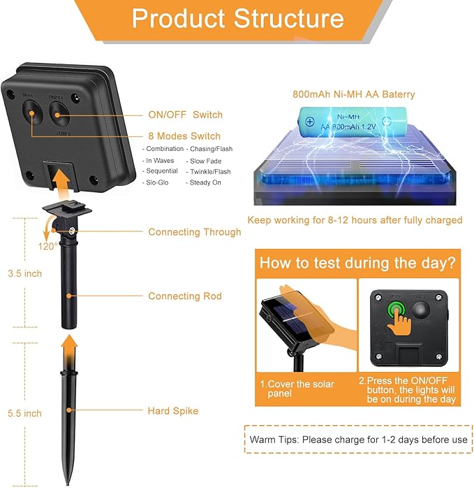 2 Pack Solar String Lights for Outside, Each 40Ft 120 LED Solar Lights Outdoor, 8 Modes Waterproof Solar Powered Twinkle Light for Backyard Patio Tree Party Garden Wedding Decoration, Warm White
