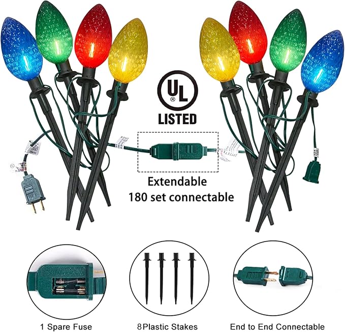 Abeja C9 Christmas Multicolor Pathway Lights, 2 Pack 7Ft Outdoor Pathway Markers Lights with 8 Jumbo C9 LED Multicolor Bulbs, Connectable Christmas Walkway Lights for Driveway Yard Garden Decor