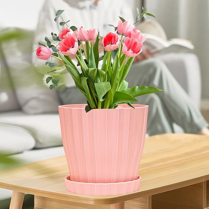 6 inch Flower Pots for Plants with Drainage Holes and Saucer, 5 Pack Plastic Plant Pots Indoor Planters for Outdoor Plants Small Garden House Home Decor, Nursery Pots for Succulent Colorful